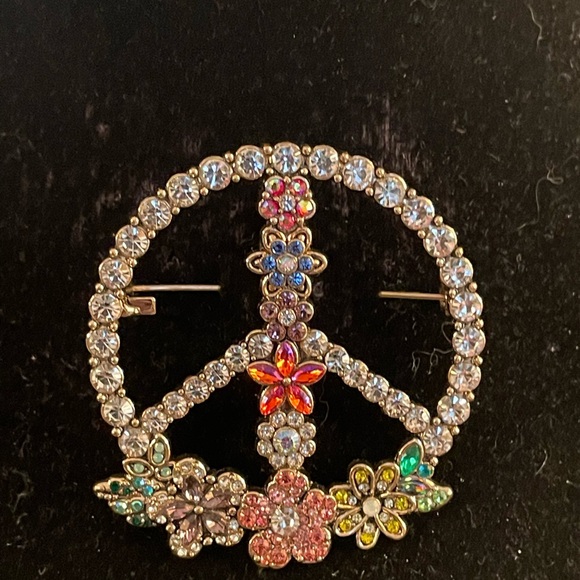 Rhinestone PEACE SIGN Brooch Crystal Flowers Peace Flower Power Sparkling - Picture 5 of 6